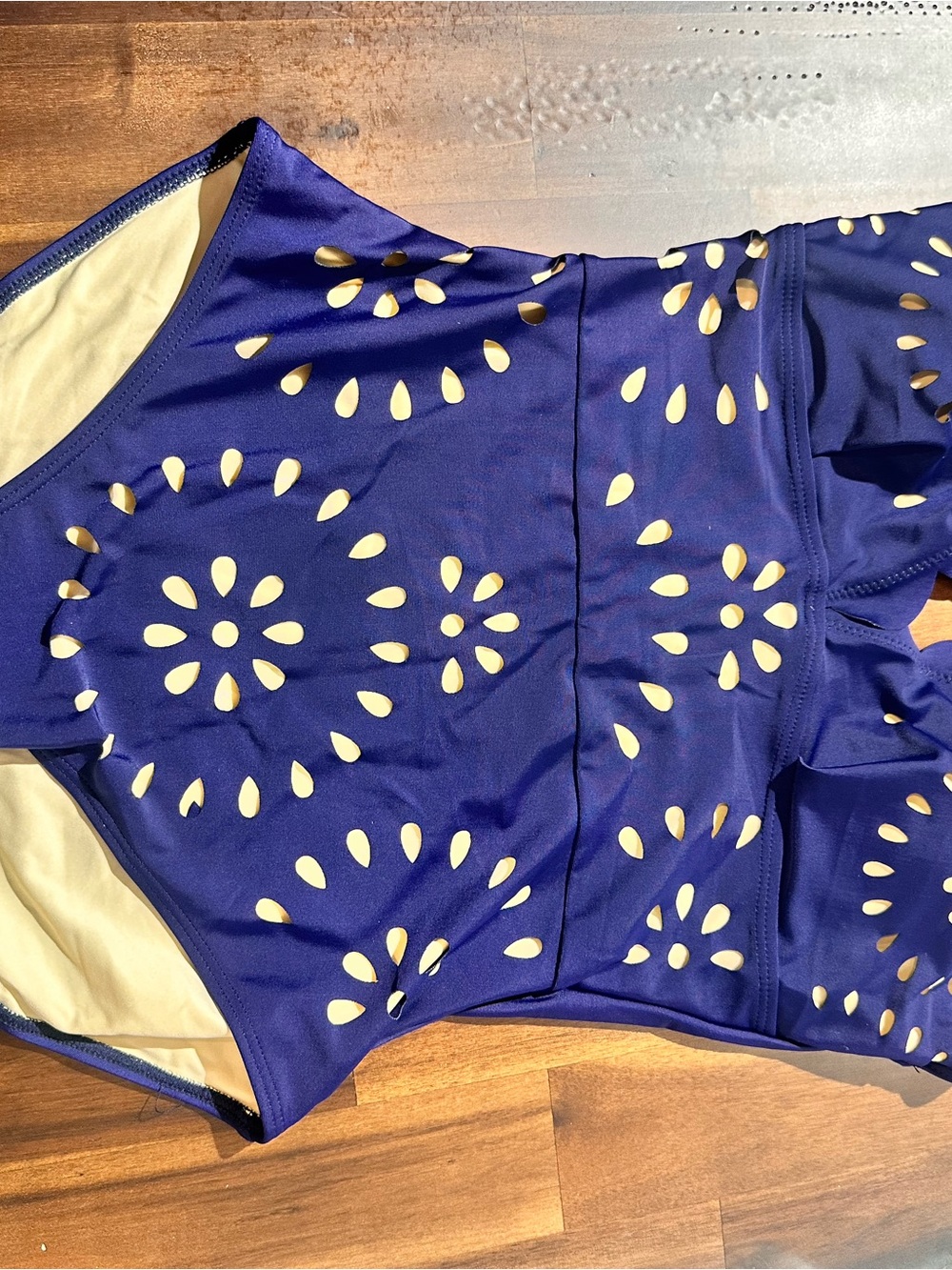 Navy Blue Laser-Cut Maxi Swim Dress with Spaghetti Straps - Picture 13 of 15